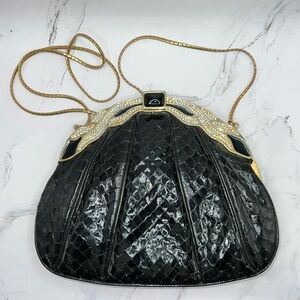FINESSE LaMODEL NY Vintage Black Snakeskin Rhinestone Evening Bag w/Onyx Closure